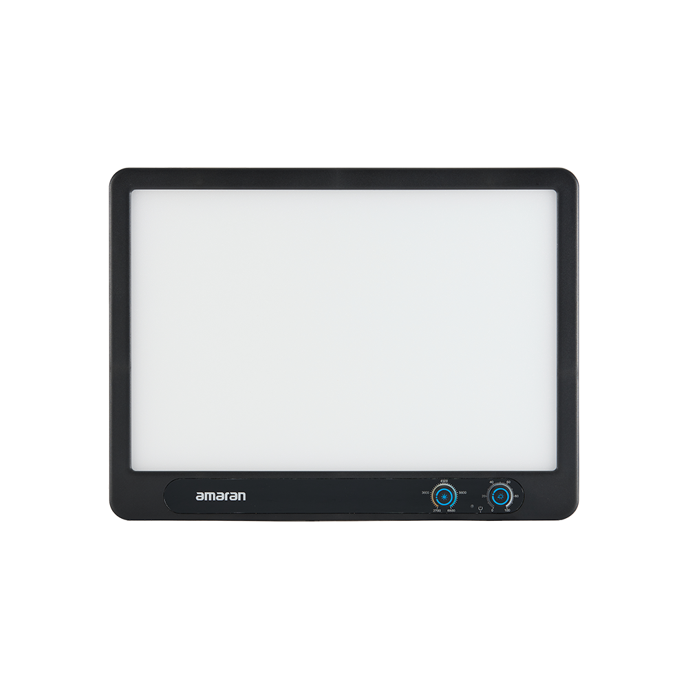 A flat, rectangular amaran Verge panel with a white screen, featuring control knobs on the right side.